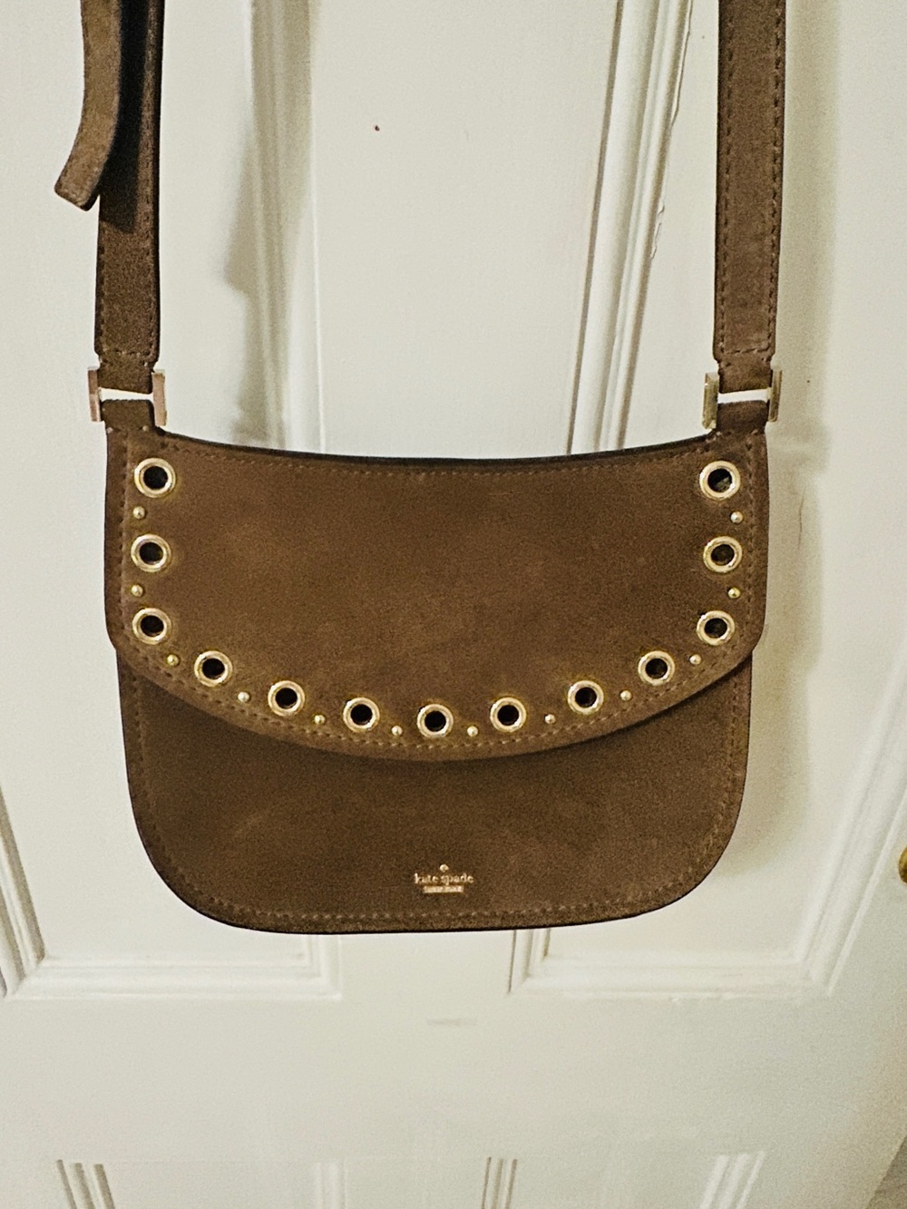 KATE SPADE brown suede eyelet saddle crossbody